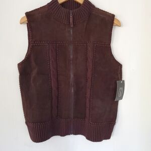 DESIGNERS STUDIO M Brown Suede Sweater Vest Full Zip NWT Mock Neck 70s Hippie